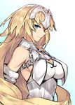 armor blonde_hair blue_eyes breasts chain cleavage closed_mouth elbow_gloves fate/apocrypha fate/grand_order fate_(series) from_side fur_trim gauntlets gebyy-terar gloves gradient gradient_background headpiece jeanne_d'arc_(fate) jeanne_d'arc_(fate)_(all) large_breasts long_hair looking_at_viewer profile simple_background smile solo underbust upper_body white_background 