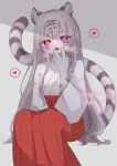 &lt;3 &lt;3_eyes 115meg 3_fingers absurd_res anthro artist_name asian_clothing biped blush bottomwear breath clawed_fingers clothing clothing_bow commissioner_name east_asian_clothing felid female fingers fur grey_body grey_fur grey_hair hair hand_to_mouth hi_res inner_ear_fluff japanese_clothing licking long_hair looking_at_viewer mammal markings miko_outfit open_mouth pantherine panting pink_eyes pleated_skirt red_bottomwear red_clothing red_skirt sash self_lick shadow shirt signature simple_background sitting skirt solo striped_hair striped_markings striped_tail stripes tail tail_markings tiger tongue tongue_out topwear tuft whiskers white_body white_clothing white_fur white_hair white_shirt white_topwear wide_sleeves