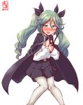  anchovy anchovy_(cosplay) anzio_school_uniform aqua_eyes belt black_belt black_cape black_neckwear black_ribbon black_skirt blush cape clutching_chest cosplay dated dot_nose drill_hair embarrassed feet_out_of_frame full-face_blush girls_und_panzer green_hair hair_ribbon hair_strand highres kanon_(kurogane_knights) kantai_collection knees_together_feet_apart long_hair long_sleeves look-alike looking_at_viewer necktie no_pupils pantyhose pleated_skirt ribbon riding_crop shirt signature simple_background skirt solo tears twin_drills twintails white_background white_legwear white_shirt yamakaze_(kantai_collection) 
