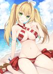  ahoge beach bikini blonde_hair blue_sky blush bracelet breasts cloud criss-cross_halter day eyebrows_visible_through_hair fate/grand_order fate_(series) green_eyes halterneck highres jewelry large_breasts long_hair looking_at_viewer miko_92 navel nero_claudius_(fate)_(all) nero_claudius_(swimsuit_caster)_(fate) ocean open_mouth outdoors sandals side-tie_bikini sitting sky smile solo striped striped_bikini swimsuit twintails wariza 