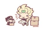  2boys :3 black_coat black_headwear black_shirt blonde_hair blush_stickers book box cardboard_box chibi chibi_only coat dio_brando earrings full_body holding holding_book jewelry jojo_no_kimyou_na_bouken kotorai kujo_jotaro male_focus multiple_boys no_nose open_mouth outline pink_outline shirt signature solid_circle_eyes translation_request 