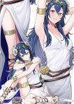  1girl ameno_(a_meno0) armlet armpits bare_shoulders belt blue_eyes blue_hair breasts brown_belt cleavage closed_mouth collarbone dress fire_emblem fire_emblem_awakening fire_emblem_heroes flower gladiator_sandals grin hair_between_eyes hair_flower hair_ornament head_wreath highres jewelry leglet long_hair looking_at_viewer lucina_(fire_emblem) lucina_(valentine)_(fire_emblem) medium_breasts multiple_views official_alternate_costume sandals side_slit simple_background sitting sleeveless sleeveless_dress smile toes white_background white_dress white_flower 