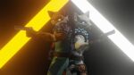 anthro arctic_fox back_to_back belt canid canine clothing duo epic_games fennix_(fortnite) fortnite fox glowing glowing_background glowing_eyes gun handgun male male/male mammal pistol ranged_weapon stryx suit volpez_(fortnite) weapon