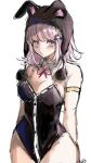  1girl animal_ears animal_hood armlet bare_shoulders black_leotard breasts cowboy_shot danganronpa_(series) danganronpa_2:_goodbye_despair detached_collar highres hood large_breasts leotard medium_hair mole mole_on_breast nanami_chiaki neck_ribbon official_alternate_costume pi_no_(qqy6xxf8zxmbvyy) pink_eyes pink_hair pink_ribbon playboy_bunny rabbit_ears rabbit_hood ribbon simple_background solo spaceship_hair_ornament 