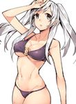  arm_up bikini breasts brown_eyes cleavage collarbone cowboy_shot female_my_unit_(fire_emblem:_kakusei) fire_emblem fire_emblem:_kakusei fire_emblem_heroes gebyy-terar grey_eyes hair_over_shoulder large_breasts long_hair looking_at_viewer my_unit_(fire_emblem:_kakusei) navel o-ring o-ring_bikini o-ring_top purple_bikini sidelocks silver_hair simple_background sketch solo sweat swimsuit twintails white_background 