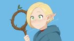  alternate_hair_length alternate_hairstyle blonde_hair blue_background blue_robe blush bob_cut choker commentary dotted_line dungeon_meshi elf green_eyes hair_behind_ear highres leaf marcille_donato pointy_ears robe scissors short_hair simple_background staff undercut upper_body user_shhz5342 