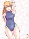  1girl arm_up ass_visible_through_thighs blue_one-piece_swimsuit breasts collared_one-piece_swimsuit competition_swimsuit covered_navel hand_in_own_hair long_hair looking_afar one-piece_swimsuit orange_hair original parted_lips purple_eyes sematakec solo swimsuit thighs 