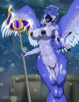 anthro avian avian_demon beak blue_body blue_eyes blue_feathers blue_hair breasts chaos_daemon cute_expression daemon_of_tzeentch demon evangellos_(artist) feathers female genitals hair hi_res looking_at_viewer magic_user muscular muscular_female nipples pussy shak&#039;arral_(snowfyre) solo staff staff_of_tzeentch thick_thighs tzeentch warhammer_(franchise) warhammer_40000 wings