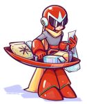  1boy closed_mouth expressionless highres holding holding_paper holding_shield humanoid_robot laser-lance mega_man_(classic) mega_man_(series) milk_carton paper proto_man robot shield simple_background solo white_background 