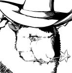  animal arknights fashion_street_stellar_caster_(arknights) greyscale hat highres kinbakuman looking_at_viewer monochrome mouth_hold no_humans sheep simple_background star_(symbol) wand white_background witch_hat 