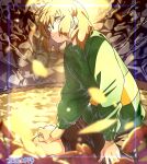  1other black_shorts blonde_hair blurry blurry_background chara_(undertale) closed_mouth dated falling_petals fingernails green_sweater hand_on_own_leg kuga_hotaru long_sleeves looking_to_the_side petals short_hair shorts single_horizontal_stripe solo sweater undertale yellow_eyes 
