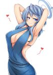  1girl :q ako_(blue_archive) ako_(dress)_(blue_archive) armpits arms_up backless_dress backless_outfit blue_archive blue_dress blue_eyes blue_hair blue_halo blush breasts cleavage closed_mouth dress hair_between_eyes halo heart highres large_breasts long_hair official_alternate_costume second-party_source sideless_dress simple_background sleeveless sleeveless_dress smile solo standing tongue tongue_out white_background yotunoha 