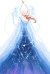  back blonde_hair blue_dress braid cape dainegikun dress elsa_(frozen) from_behind frozen_(disney) highres long_dress long_hair see-through single_braid solo 