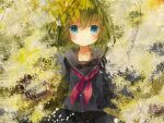  black_skirt blue_eyes blush green_hair gumi gumi_(v3_megpoid) hinanosuke leaf non-web_source red_ribbon ribbon school_uniform skirt smile tears vocaloid 