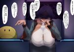 1girl absurdres blue_eyes breasts cleavage cleavage_cutout clothing_cutout covered_face dark-skinned_female dark_skin gundam gundam_suisei_no_majo hand_on_own_cheek hand_on_own_face haro highres huge_breasts iwao178 jacket looking_at_viewer manicure nail_polish naughty_face open_clothes open_jacket open_mouth pointing prostitution secelia_dote shirt short_hair steam tongue translation_request wavy_mouth white_nails white_shirt 