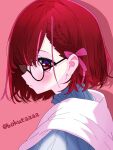  1girl arima_kana blue_shirt bob_cut bokutaaaa hair_ribbon highres inverted_bob oshi_no_ko pink_background pink_ribbon red_eyes red_hair ribbon shirt short_hair simple_background solo upper_body 