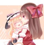  2girls animal_ears blonde_hair blush bow brown_hair cacao_(cacaomgmg) cat_ears cat_tail chest_sarashi closed_eyes commentary_request detached_sleeves hair_bow hair_tubes hakurei_reimu hat hat_bow kirisame_marisa long_hair multiple_girls open_mouth puffy_short_sleeves puffy_sleeves red_bow red_eyes sarashi short_sleeves smile tail touhou translation_request white_bow witch_hat 