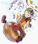  &gt;:) ;) ahoge bangs blush bow_(instrument) brown_footwear bug butterfly closed_mouth commentary dress drill_hair eighth_note flower full_body green_eyes green_hair hair_ornament highres holding holding_instrument insect instrument kanaria long_hair momomo_(user_xnfy4284) music musical_note one_eye_closed orange_pants petals platform_footwear playing_instrument red_flower red_rose rose rozen_maiden sharp_sign shoes smile solo swept_bangs treble_clef twin_drills v-shaped_eyebrows violin yellow_dress yellow_flower yellow_rose 