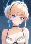  1girl bare_shoulders blonde_hair blue_archive blue_eyes blue_ribbon blush braid breasts bun_cover chiyami choker collarbone french_braid hair_bun hair_ribbon halo looking_at_viewer maid_headdress medium_breasts ribbon short_hair single_hair_bun solo toki_(blue_archive) 