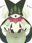 2024 anthro blush breasts claws clothing felid feline female front_view fur generation_9_pokemon green_body green_fur hi_res looking_at_viewer mammal meowscarada navel nintendo pokemon pokemon_(species) saamon_1010 simple_background smile torn_clothing white_background