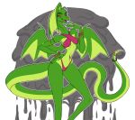 anthro biped breasts clothed clothing countershade_tail countershade_torso countershading dragon eyebrows female fingers green_body hi_res long_tail non-mammal_breasts open_mouth open_smile ratopombo scalie smile solo tail wings