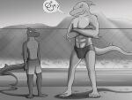 anthro clothing crossed_arms dripping duo fish flirting greyscale hi_res legswithsnake male male/male marine monochrome shark size_difference speech_bubble speedo standing swimming_pool swimming_trunks swimwear wet wet_body