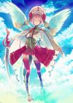  1girl android angel angel_wings blue_eyes blue_sky boots cape cloud fasna fleur-de-lis flying garter_straps gloves gradient_sky green_sky halo hat_tassel holding holding_sword holding_weapon looking_at_viewer original pink_hair pink_headwear red_gloves red_skirt red_thighhighs short_hair skirt sky solo staring sword tassel thighhighs weapon white_cape wings yellow_corset 