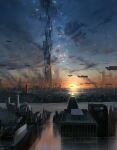  absurdres advarcher building cityscape cloud cloudy_sky commentary flying_car highres megastructure night no_humans original outdoors scenery science_fiction sky star_(sky) starry_sky sunset tower_of_babel 