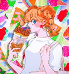  1990s_(style) 1girl abstract_background bag blue_eyes colorful commentary doughnut drink drinking drinking_straw food food-themed_background hair_ornament heart heart_hair_ornament holding holding_drink holding_strap ice ice_cream ice_cube inuha_dog_wave looking_at_viewer mole mole_under_eye orange_hair original pizza pizza_slice profile retro_artstyle shirt short_hair short_sleeves shoulder_bag sideways_glance solo symbol-only_commentary t-shirt unfinished white_shirt 