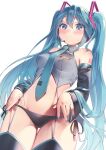  aqua_eyes aqua_hair aqua_nails aqua_necktie black_sleeves detached_sleeves garter_straps grey_shirt hatsune_miku headphones headset highres kirisaki_shuusei long_hair necktie panties shirt thighhighs twintails underwear very_long_hair vocaloid 