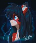 2024 android anthro ara_(fluff-kevlar) black_hair blue_eyes butterchalk digital_media_(artwork) domestic_cat felid feline felis female fur hair headshot_portrait machine mammal multicolored_body multicolored_fur portrait red_body red_fur robot signature solo white_body white_fur