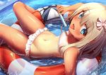  bangs bare_legs bare_shoulders bikini bikini_skirt blonde_hair blue_eyes blue_sky blush breasts day eyebrows_visible_through_hair food hair_ribbon higejii highres holding holding_food kantai_collection lifebuoy long_hair looking_at_viewer lying navel nontraditional_school_swimsuit ocean on_back outdoors popsicle ribbon ro-500_(kantai_collection) saliva saliva_trail school_swimsuit sky small_breasts smile solo stomach striped striped_ribbon summer swimsuit swimsuit_removed tan tongue tongue_out water wet white_bikini 