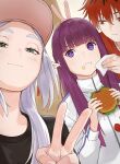  1boy 2girls baseball_cap black_shirt burger closed_mouth commentary contemporary earrings fern_(sousou_no_frieren) food food_on_face frieren green_eyes grey_hair hat highres holding holding_food jacket jewelry justnoita long_hair multiple_girls napkin outdoors pointy_ears purple_eyes purple_hair red_eyes red_hair selfie shirt short_hair smile smug sousou_no_frieren stark_(sousou_no_frieren) track_jacket v_over_head very_long_hair white_jacket wiping_face 