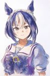  1girl absurdres animal_ears blue_hair bow bowtie braid cesario_(umamusume) crown_braid hair_between_eyes highres horse_ears horse_girl horseshoe_ornament looking_at_viewer multicolored_hair nukarinashi201 puffy_short_sleeves puffy_sleeves purple_bow purple_bowtie purple_eyes purple_serafuku purple_shirt sailor_collar sailor_shirt school_uniform serafuku shirt short_hair short_sleeves smile solo tracen_school_uniform traditional_media two-tone_hair umamusume upper_body white_hair 