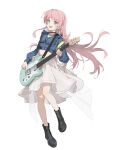  1girl absurdres bang_dream! bang_dream!_it&#039;s_mygo!!!!! black_choker black_footwear blue_eyes blue_jacket chenmu_sora chihaya_anon choker commentary cropped_jacket earrings electric_guitar full_body guitar highres holding holding_instrument holding_plectrum instrument jacket jewelry long_hair long_sleeves looking_at_viewer midriff music necklace open_mouth pink_hair playing_instrument plectrum shoes simple_background smile solo standing standing_on_one_leg tachi-e teeth upper_teeth_only very_long_hair white_background 