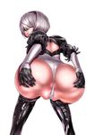  anus ass backless_outfit black_legwear blindfold commentary_request hairband leotard looking_back nier_(series) nier_automata no_pants parted_lips partially_visible_vulva short_hair shungikuten silver_hair simple_background solo spread_anus spread_anus_under_clothes spread_ass sweat thighhighs white_background white_leotard yorha_no._2_type_b 