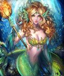  blonde_hair breasts cleavage facepaint fantasy green_eyes hair_ornament head_fins jewelry large_breasts long_hair looking_at_viewer mermaid monster_girl navel sangrde solo staff sunlight water wavy_hair webbed_hands 