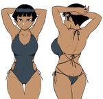  arms_behind_head ass bare_shoulders black_eyes black_hair breasts butt_crack commentary_request dark_skin earrings flat_ass jewelry large_breasts looking_at_viewer looking_back multiple_views nefertari_(tsukudani) one-piece_swimsuit original short_hair side-tie_swimsuit simple_background smile swimsuit tsukudani_(coke-buta) very_short_hair white_background 