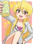  1girl :d akemi_(snack_basue) arm_up blonde_hair blush breasts character_request cleavage copyright_request cup drinking_glass earrings grey_jacket grey_skirt hair_between_eyes hand_on_own_hip highres holding holding_cup ice ice_cube jacket jewelry knee_up long_hair looking_at_viewer medium_breasts miniskirt nail_polish open_mouth pawavita-maio pencil_skirt pink_background pink_nails purple_shirt red_eyes shirt skirt smile snack_basue solo 