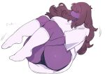 anthro big_breasts breasts brown_hair clothed clothing deltarune female footwear freckles hair hi_res lying on_back panties purple_body purple_scales reptile scales scalie shirt socks solo susie_(deltarune) t-shirt thick_thighs topwear underchikichan undertale_(series) underwear