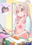  2girls absurdres ahoge apron brown_eyes carrot collarbone commentary cooking cutting_board hair_between_eyes highres holding holding_knife ice_pack indoors kitchen knife long_hair multiple_girls onii-chan_wa_oshimai! onion oversized_clothes oversized_shirt oyama_mahiro oyama_mihari pink_apron pink_hair ponshu_(ponshuislife) potato shirt sick solo_focus sweatdrop t-shirt thought_bubble white_shirt 