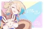  2girls animal_ears blonde_hair brown_hair chipmunk_ears chipmunk_girl chipmunk_tail earrings extra_ears hair_ornament hairpin jewelry kemono_friends kemono_friends_v_project kitsunetsuki_itsuki long_hair microphone mokuroku multiple_girls nemui_kasuka ribbon short_hair siberian_chipmunk_(kemono_friends) simple_background sleeping tail translation_request virtual_youtuber 