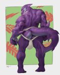 2024 anthro anus biped bulge butt claws digital_drawing_(artwork) digital_media_(artwork) facial_piercing fin finger_claws fish hi_res looking_back male marine muscular muscular_anthro muscular_male nizzperoo nose_piercing nose_ring piercing presenting presenting_anus purple_body rear_view ring_piercing ryllen shark simple_background solo tail