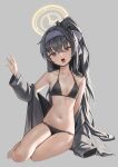  1girl :o absurdres bare_legs barefoot bikini black_bikini black_hair blue_archive blue_hairband blush breasts cardigan collarbone grey_background grey_cardigan hairband halo highres long_hair looking_at_viewer mansu_(user_pnmp4287) navel ponytail purple_eyes simple_background sitting small_breasts solo stomach swimsuit ui_(blue_archive) ui_(swimsuit)_(blue_archive) very_long_hair yokozuwari 