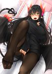  bangs bed_sheet black_hair black_legwear blush breasts commentary_request covering covering_crotch curvy demon_girl demon_tail demon_wings dress eyebrows_visible_through_hair feet frilled_pillow frills green_eyes hair_between_eyes kitagawa_onitarou knee_up large_breasts long_hair looking_at_viewer lying merii_(musuko_ga_kawaikute_shikatanai_mazoku_no_hahaoya) musuko_ga_kawaikute_shikatanai_mazoku_no_hahaoya on_back on_bed open_mouth pantyhose pillow ribbed_sweater sharp_teeth solo sweater sweater_dress tail teeth thighband_pantyhose toenail_polish toenails turtleneck turtleneck_sweater wings 