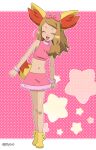  1girl :d blonde_hair blush bracelet breasts closed_eyes eyelashes full_body happy highres jewelry jiffy0v0 long_hair navel open_mouth outline pink_background pink_shirt pink_skirt pokemon pokemon_(anime) pokemon_ears pokemon_tail pokemon_xy_(anime) polka_dot polka_dot_background serena_(pokemon) shirt shoes skirt sleeveless sleeveless_shirt smile solo standing star_(symbol) tail tongue yellow_footwear 