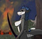 among_us anthro big_breasts black_eyes blue_hair breasts draako female fire hair hi_res innersloth katana melee_weapon nyo_la_nixan solo sus_bean sword weapon white_body