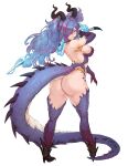 animal_humanoid big_breasts big_butt blue_body blue_eyes blue_hair blue_scales breasts butt dragon dragon_humanoid female hair hi_res holding_object holding_weapon horn huge_butt humanoid long_hair purple_body purple_scales scales scalie scalie_humanoid solo spiked_tail spikes spikes_(anatomy) tail tezy8 weapon