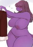 anthro big_breasts breasts brown_hair christmas christmas_clothing clothing deltarune featureless_crotch female freckles front_view hair hi_res holding_clothing holding_object holidays huge_breasts musical_note nipples non-mammal_breasts non-mammal_nipples overweight overweight_anthro overweight_female purple_body purple_scales reptile scales scalie smile solo standing susie_(deltarune) thick_thighs underchikichan undertale_(series) wide_hips