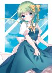  1girl blue_eyes blue_sky blush bow bowtie cacao_(cacaomgmg) cloud commentary daiyousei day fairy fairy_wings green_hair hair_bow highres long_hair looking_at_viewer one-hour_drawing_challenge puffy_short_sleeves puffy_sleeves short_sleeves side_ponytail skirt_hold sky smile solo touhou waist_bow white_bow wings yellow_bow yellow_bowtie 